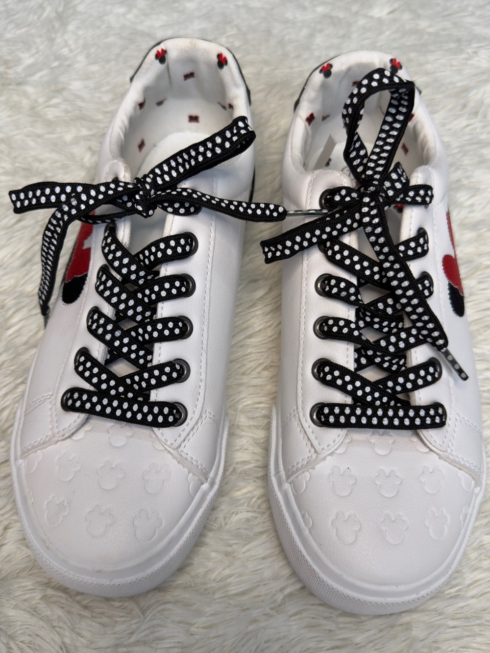 Disney White Sneakers with Black Polka Dot Laces and Red Heart Detail